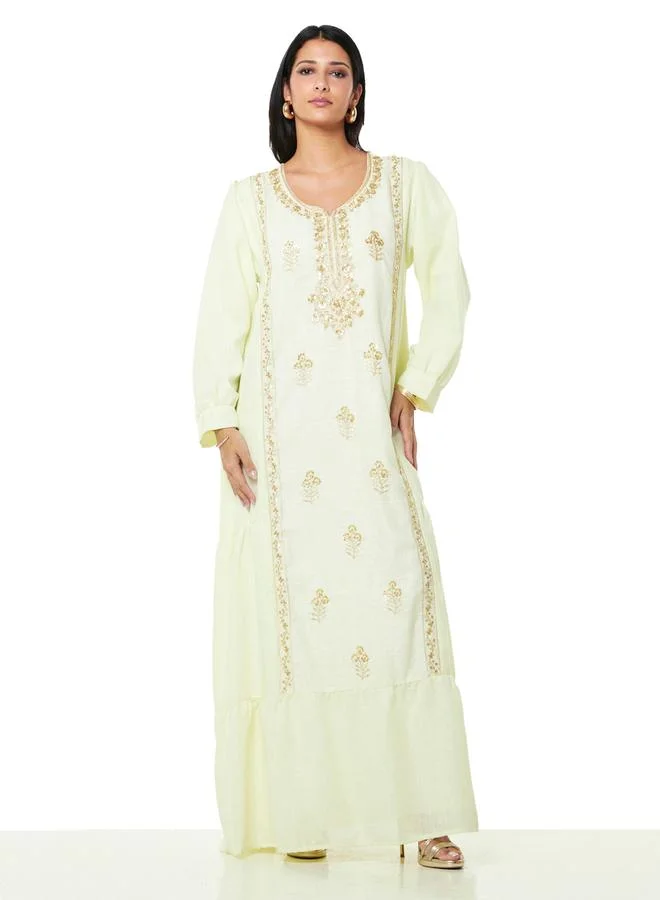 Thouq Cream A-Line Maxi Jalabiya with Gold Embroidery