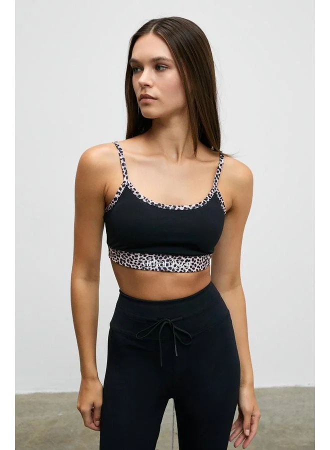 Urban Beat METREON Women's Soft Stretch-Textured Leopard-Contrast Padded Strappy Black Sports Bra.