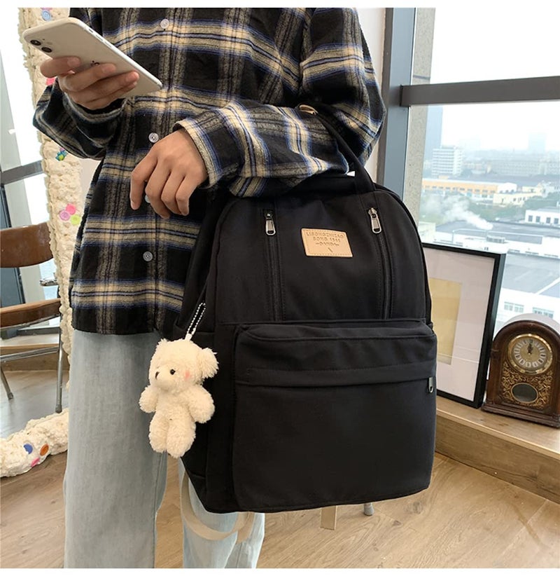 JHTPSLR Preppy Backpack with Plushies Cute Vintage Backpack for School Girls Light Academia Bookbags Preppy Aesthetic Backpack (Black) 13inch(L)*5.2inch(W)*16.54inch(H) - Image 4