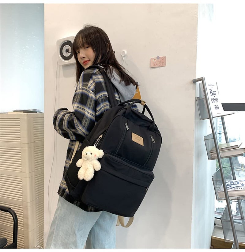 JHTPSLR Preppy Backpack with Plushies Cute Vintage Backpack for School Girls Light Academia Bookbags Preppy Aesthetic Backpack (Black) 13inch(L)*5.2inch(W)*16.54inch(H) - Image 5