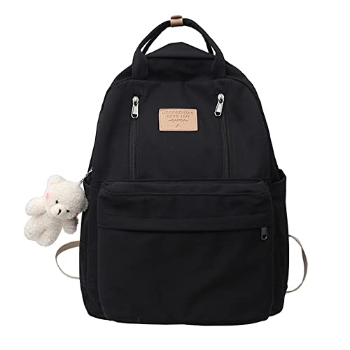 JHTPSLR Preppy Backpack with Plushies Cute Vintage Backpack for School Girls Light Academia Bookbags Preppy Aesthetic Backpack (Black) 13inch(L)*5.2inch(W)*16.54inch(H) - Image 1