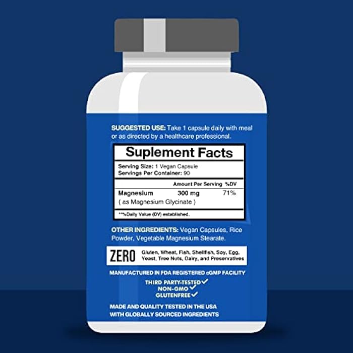 American Standard Supplements Magnesium Glycinate 300mg Per Serving as Magnesium Glycinate, Magnesium for Him - Vegan, Gluten Free, Non-GMO, 90 Capsules, 45 Servings - Image 3