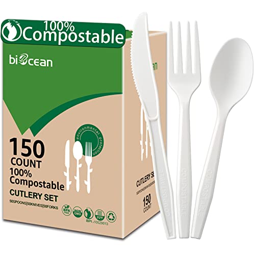 BIOCEAN 100%Compostable No Plastic Knives Disposable Forks Spoons Plastic Utensils, The Heavyweight Heavy Duty Flatware is Eco Friendly Products for Lounge Party Wedding BBQ Picnic Camping [150 Count] - Image 1