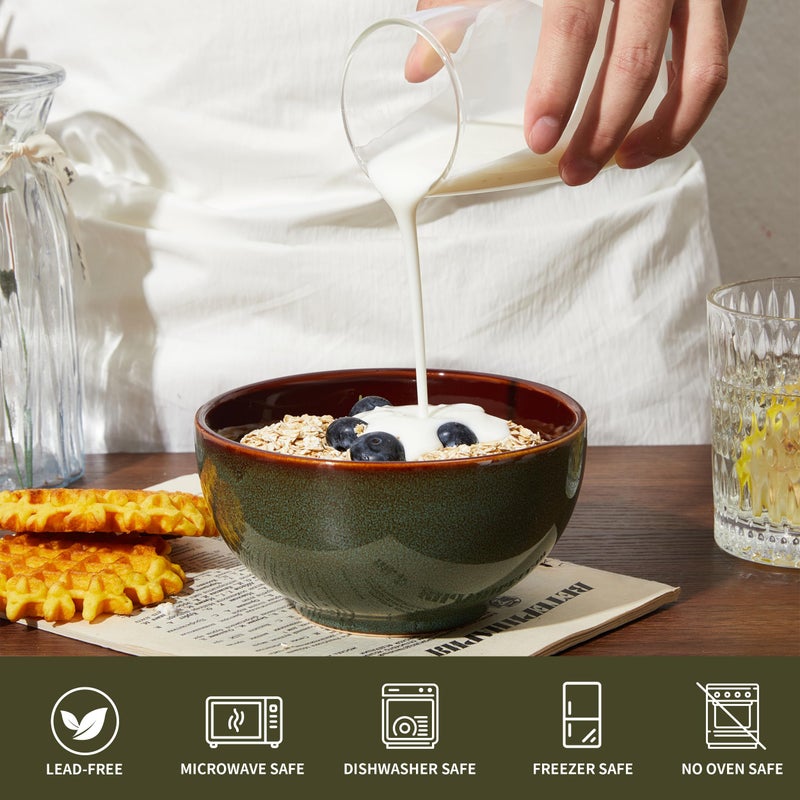 Pokini 5.5" Cereal Bowls & Dessert Bowls Set of 6-22 Oz Small Bowls for Kitchen-Ceramic Bowl for Cereal, Soup, Oatmeal, Salad, Ramen, Noodle, Rice, Yogurt-Dishwasher & Microwave Safe, Brown Green - Image 3