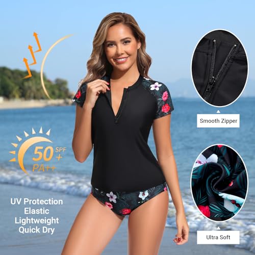 Holipick Black Floral Two Piece Short Sleeved Rash Guard Cap Sleeve Bathing Suit Zipper Swimsuit Bulid in Bra Swim Shirt Women L - Image 2