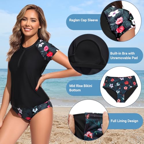 Holipick Black Floral Two Piece Short Sleeved Rash Guard Cap Sleeve Bathing Suit Zipper Swimsuit Bulid in Bra Swim Shirt Women L - Image 3