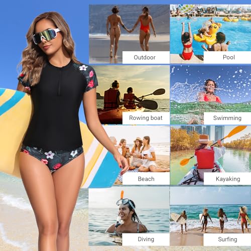 Holipick Black Floral Two Piece Short Sleeved Rash Guard Cap Sleeve Bathing Suit Zipper Swimsuit Bulid in Bra Swim Shirt Women L - Image 4