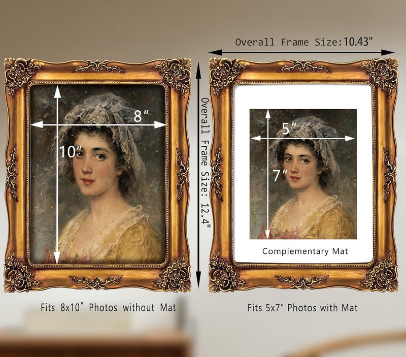 FJXMFRAME Vintage 8x10 Picture Frame Gold Antique Picture Frames for Wall Hanging & Tabletop, Ornate Baroque Frames 8x10 or Matted to 5x7 Photo (8x10 inch, Bronze) - Image 3