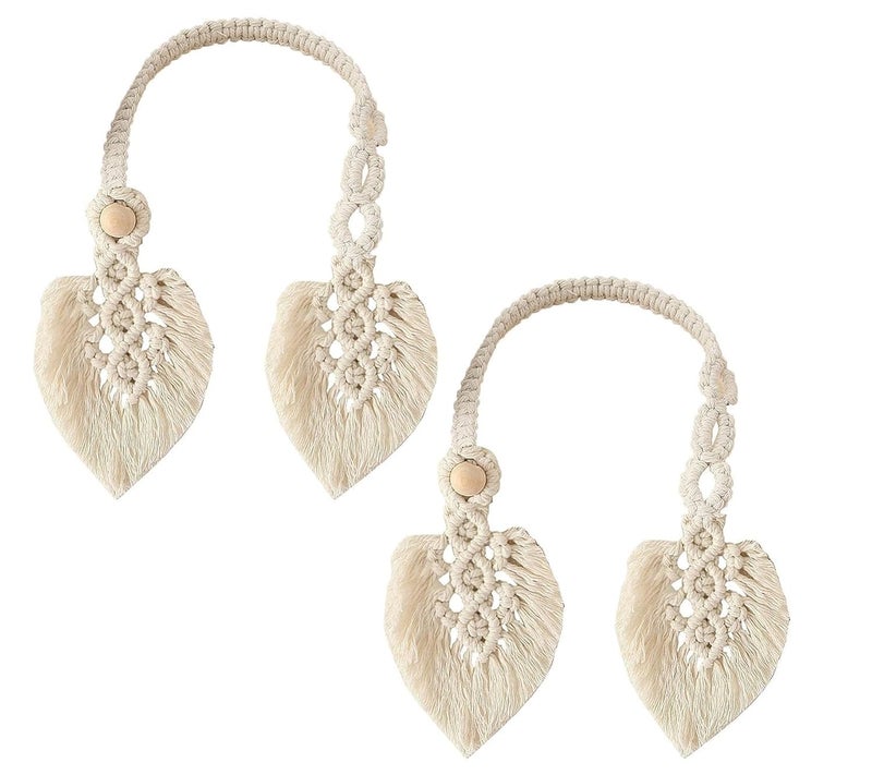 BLUE BEADS 2 Pack Boho Curtain Tiebacks,Hand Knitting Curtain Holdbacks with Adjustable Natural Wooden Bead Woven Rope, Bohemian Home Decor Drapery Holdback (Double Leaf) - Image 1