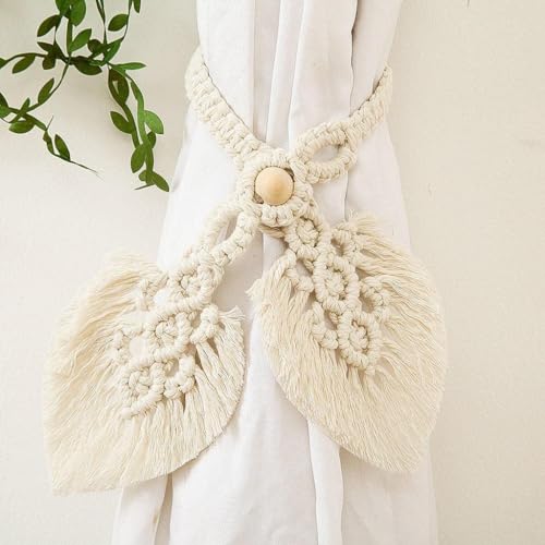 BLUE BEADS 2 Pack Boho Curtain Tiebacks,Hand Knitting Curtain Holdbacks with Adjustable Natural Wooden Bead Woven Rope, Bohemian Home Decor Drapery Holdback (Double Leaf) - Image 4