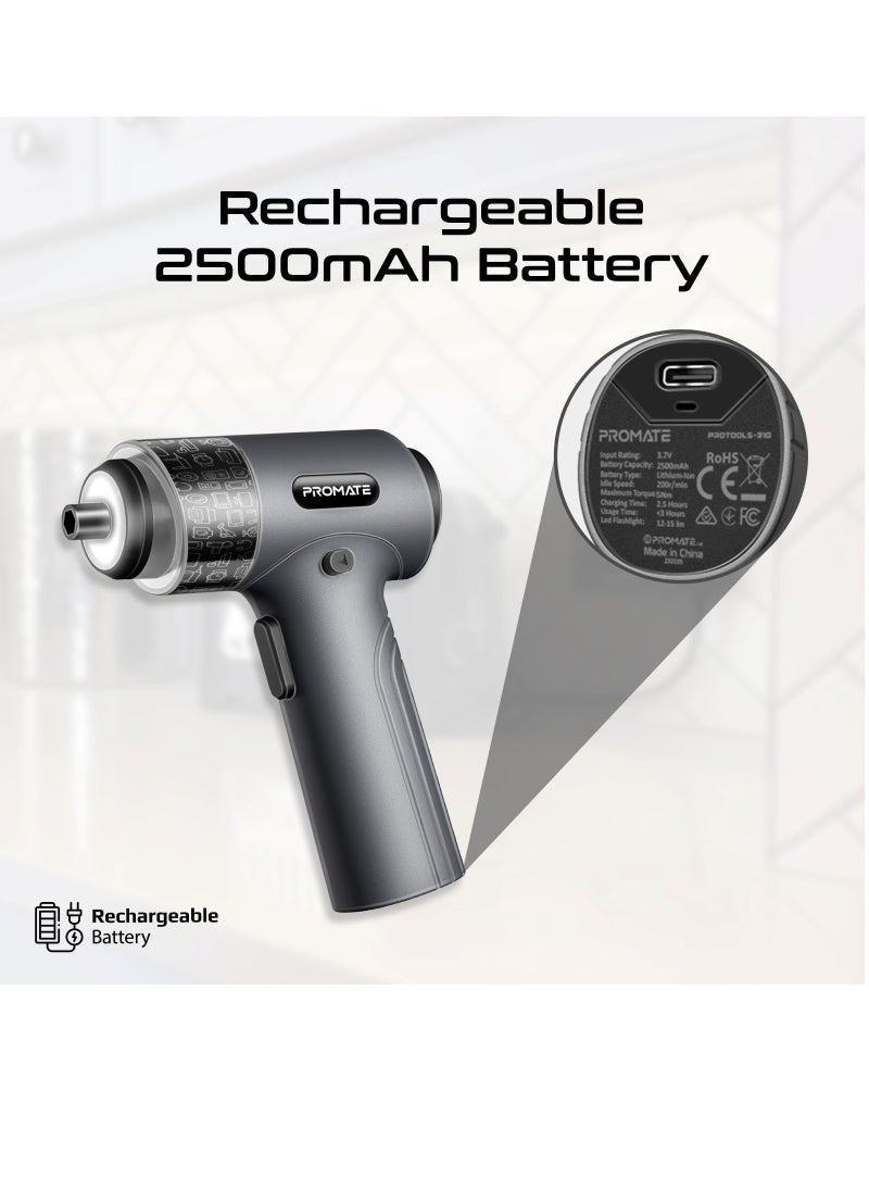 PROMATE Promate Electric Screwdriver Set, Premium 36-in-1 Wireless Rechargeable Screwdriver with 32 S2 Steel Bits, Rapid 200 RPM, 5Nm Strong Torque, LED Fill Light and Storage Case  - Image 5