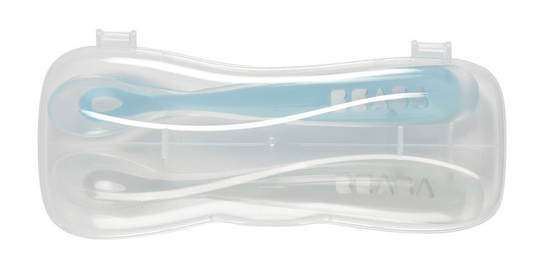 BEABA Baby's First Foods Spoon Set with Travel Case, Original Soft Silicone Baby Spoons, Baby Essentials, Travel Set, Sage + Cloud - Image 2