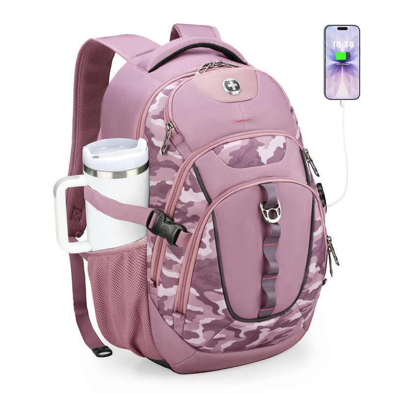Swissdigital Design Laptop Backpack with USB Charging Port, Travel Backpack Fits 15.6 inches Computer, 31L College School Backpack for Men, Pink Camo | SD803-93 - Image 1