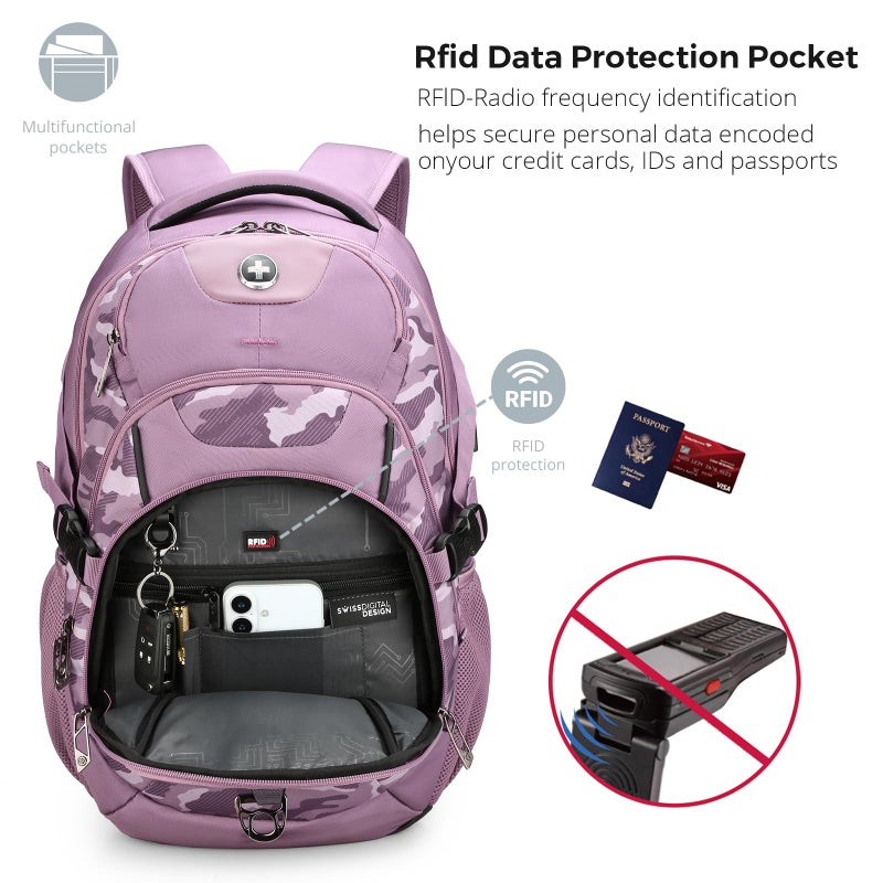 Swissdigital Design Laptop Backpack with USB Charging Port, Travel Backpack Fits 15.6 inches Computer, 31L College School Backpack for Men, Pink Camo | SD803-93 - Image 3