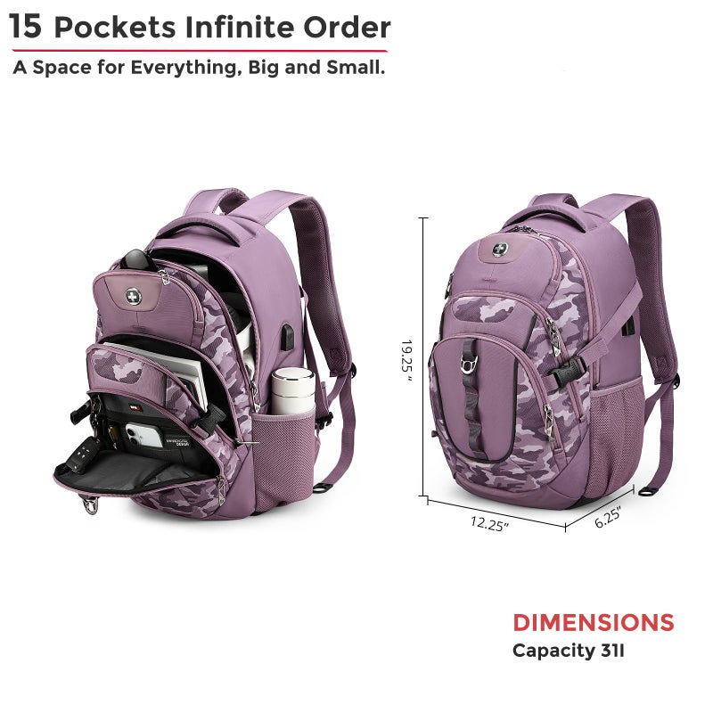 Swissdigital Design Laptop Backpack with USB Charging Port, Travel Backpack Fits 15.6 inches Computer, 31L College School Backpack for Men, Pink Camo | SD803-93 - Image 5