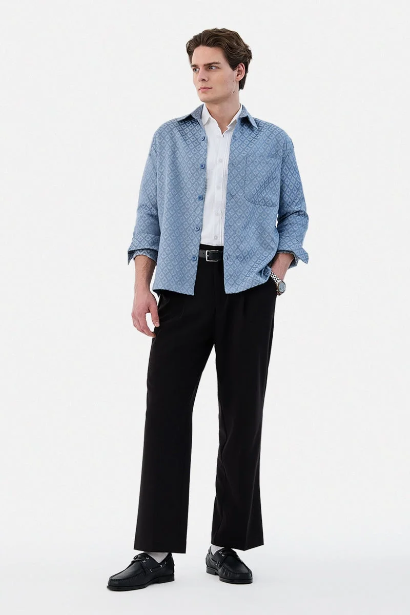 سنيتش Light Blue Geometric Long Sleeve Relaxed Overshirt