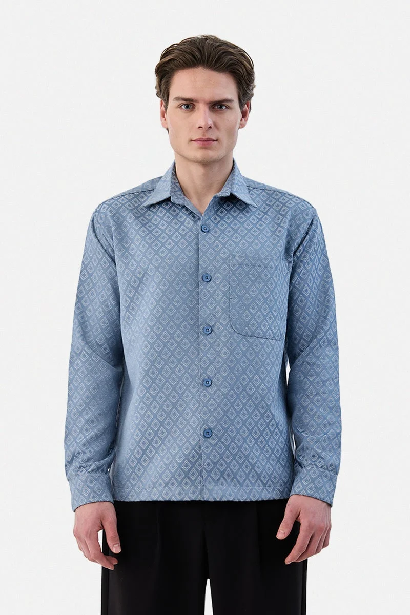 سنيتش Light Blue Geometric Long Sleeve Relaxed Overshirt