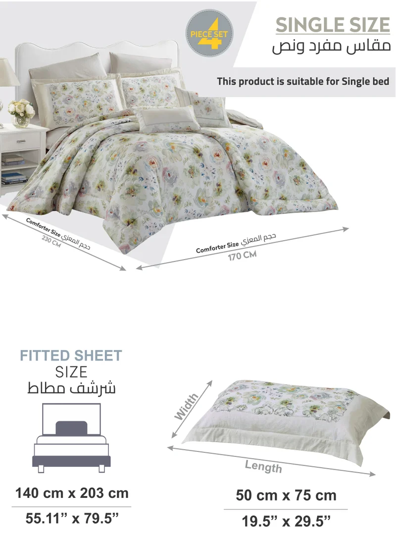 Donetella Cotton Comforter Set 4-Pcs Single Size All Season Reversible Floral Printed Bed Fits(120 X 200 Cm) With 350 GSM Down ALternative Filling,Cotton Seed