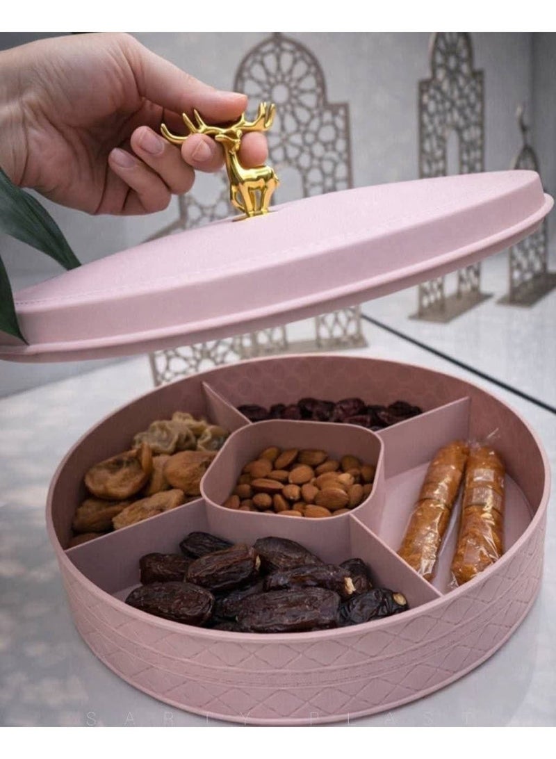 Round Snack Serving Tray with Lid – 5-Compartment Nut & Date Organizer with Gold Handle - Image 1