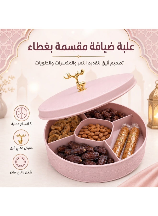 Round Snack Serving Tray with Lid – 5-Compartment Nut & Date Organizer with Gold Handle - Image 2