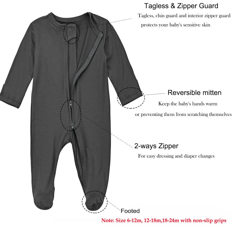 Aablexema Baby Pajamas Bamboo Rayon Zipper, 3pcs Unisex Infant Outfit with Mitten One Piece Footie Sleepwear(Dark Grey & Olive & Blue,0-3m) - Image 2