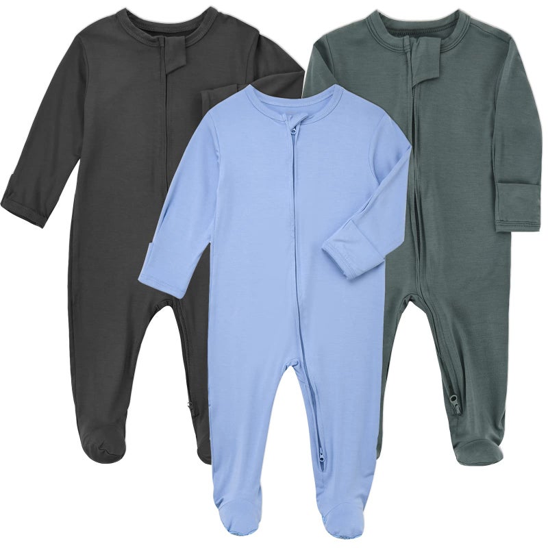 Aablexema Baby Pajamas Bamboo Rayon Zipper, 3pcs Unisex Infant Outfit with Mitten One Piece Footie Sleepwear(Dark Grey & Olive & Blue,0-3m) - Image 1
