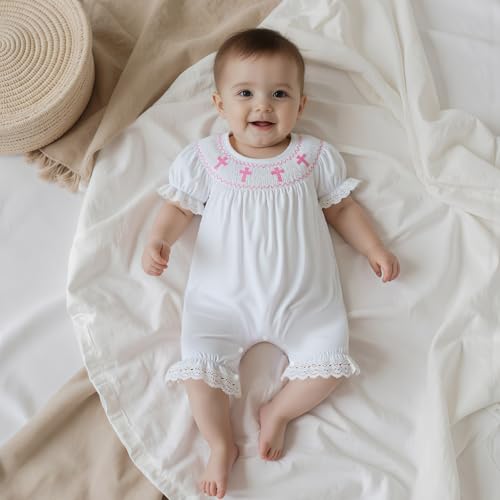 Lamuusaa Newborn Baby Girl Baptism Outfit Smocked Crosses Embroidery Romper One Piece Bodysuit Jumpsuit Summer Clothes (White, 3-6 Months) - Image 2