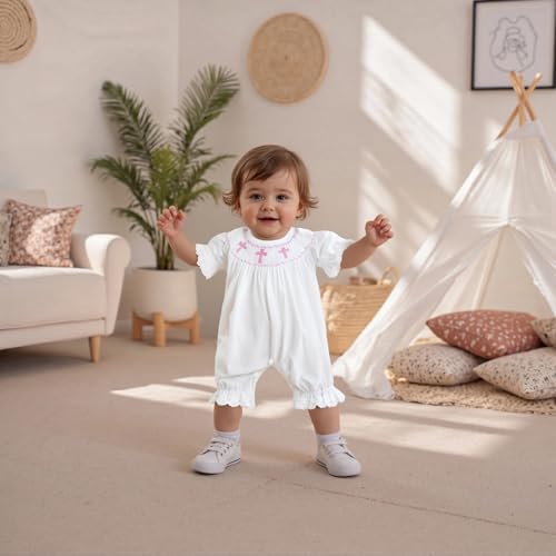 Lamuusaa Newborn Baby Girl Baptism Outfit Smocked Crosses Embroidery Romper One Piece Bodysuit Jumpsuit Summer Clothes (White, 3-6 Months) - Image 3