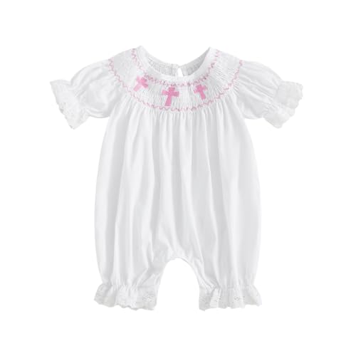 Lamuusaa Newborn Baby Girl Baptism Outfit Smocked Crosses Embroidery Romper One Piece Bodysuit Jumpsuit Summer Clothes (White, 3-6 Months) - Image 1