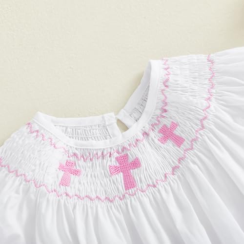 Lamuusaa Newborn Baby Girl Baptism Outfit Smocked Crosses Embroidery Romper One Piece Bodysuit Jumpsuit Summer Clothes (White, 3-6 Months) - Image 4