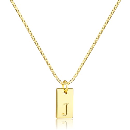Poxtex Initial J Gold Necklaces for Women Non Tarnish 14K Real Gold Plated Dainty Square Letter Charm Pendant Necklace 16.5"+2" Adjustable Waterproof Trendy Name Personalized Jewelry Gifts - Image 1