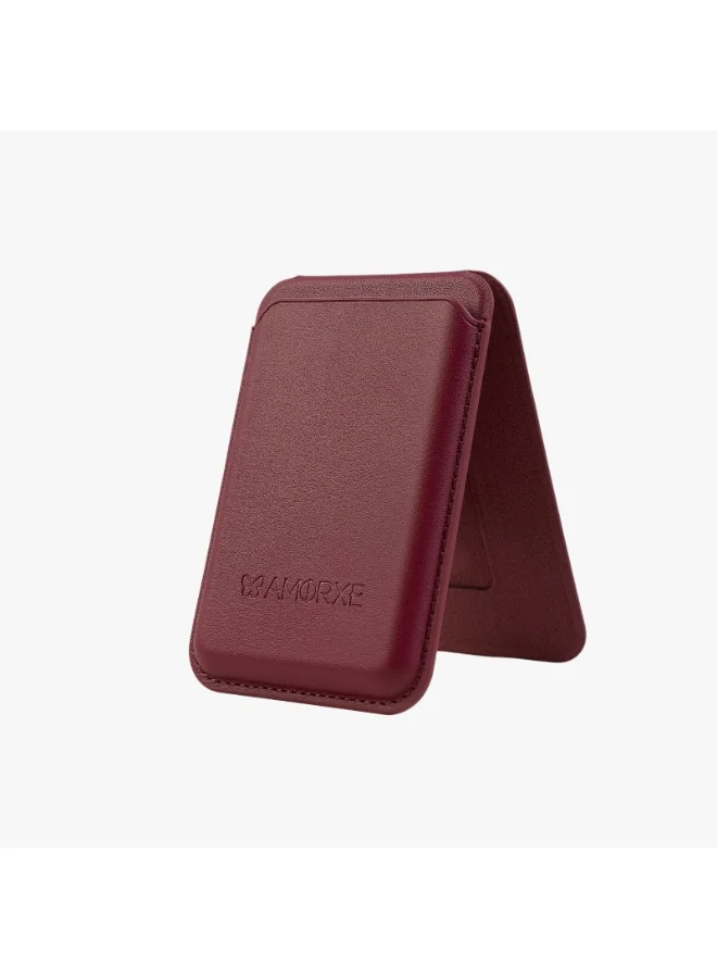 أﻣورﻛس محفظة وحامل بطاقات Amorxe MagSafe مع حامل، مغناطيس N52 قوي، تصميم جلدي نحيف، مشبك زنبركي يحمل 1-3 بطاقات بشكل آمن، متوافق مع سلسلة iPhone 17/16/15/14/13/12 (ليس 12/13 Mini)، لون بوردو