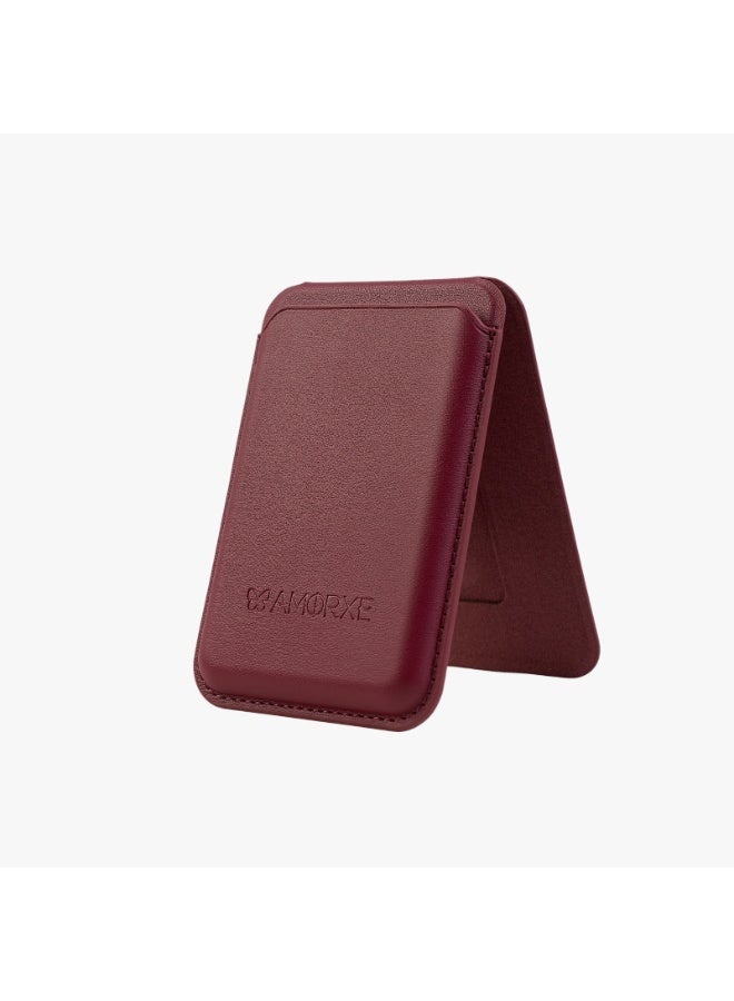 أﻣورﻛس محفظة وحامل بطاقات Amorxe MagSafe مع حامل، مغناطيس N52 قوي، تصميم جلدي نحيف، مشبك زنبركي يحمل 1-3 بطاقات بشكل آمن، متوافق مع سلسلة iPhone 17/16/15/14/13/12 (ليس 12/13 Mini)، لون بوردو - Image 1