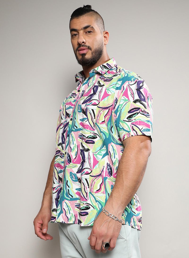 Instafab Plus Instafab Plus Men's Pink & Green Abstract Foilage Shirt For Casual Wear | Spread Collar | Short Sleeve | Button Closure | Heavy Rayon Shirt Crafted With Comfort Fit For Everyday Wear - Image 3