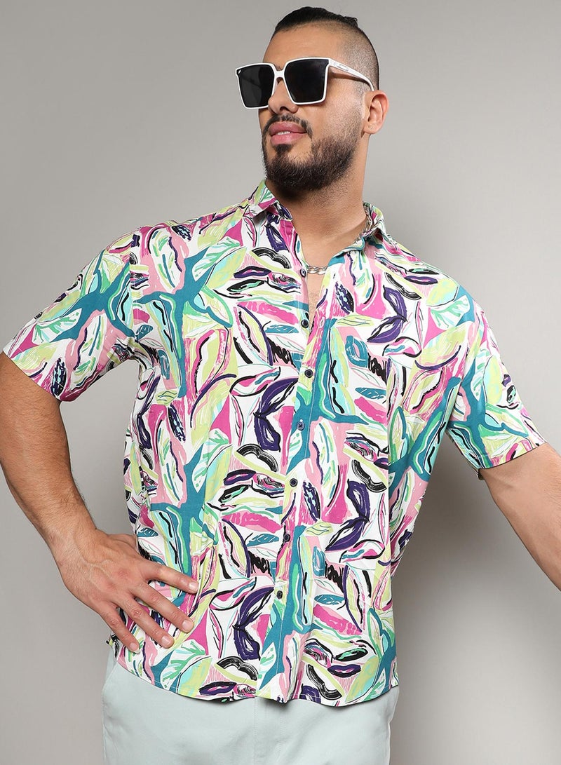 Instafab Plus Instafab Plus Men's Pink & Green Abstract Foilage Shirt For Casual Wear | Spread Collar | Short Sleeve | Button Closure | Heavy Rayon Shirt Crafted With Comfort Fit For Everyday Wear - Image 1