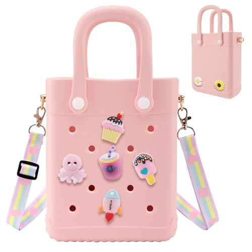 BKFOLIUM Mini Rubber Tote Bag, EVA Beach Tote with 30 Charms, Cute Bag for Little Girl & Women with Adjustable Shoulder Strap - Image 1