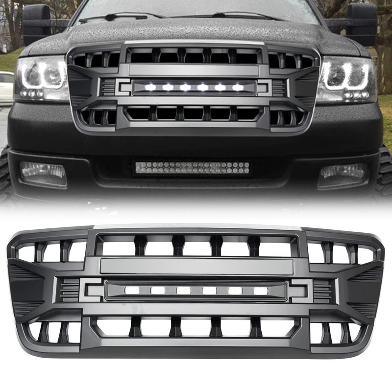 MEGAIE Front Grill Compatible with 2004 2005 2006 2007 2008 F150 Matte Black Front Bumper Grille wOffRoad Lights