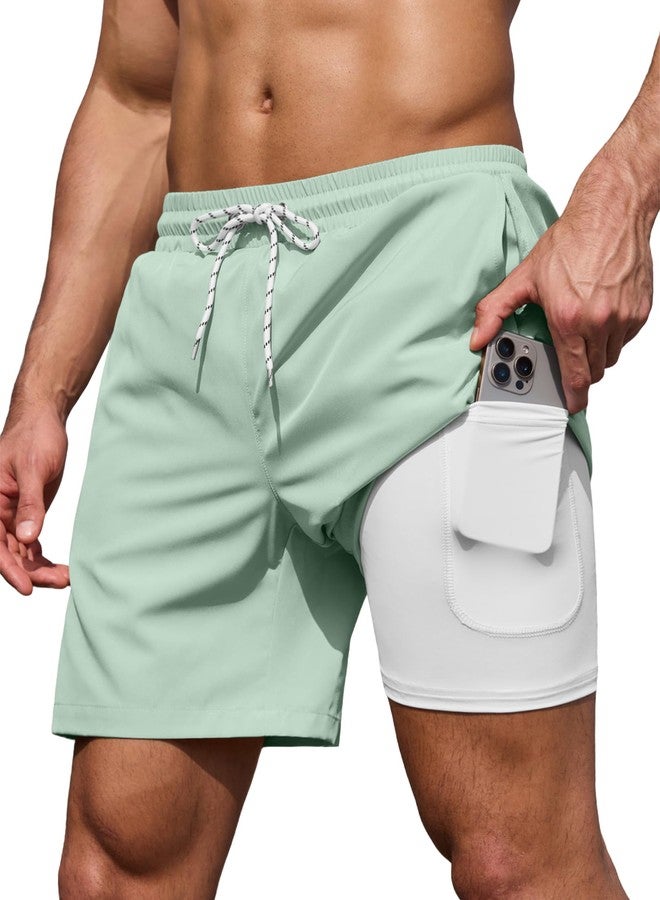 COOFANDY Men's 7" Swim Trunks with Compression Liner Stretch Swimming Shorts with Zipper Pockets 2026 Light Mint Green - Image 1