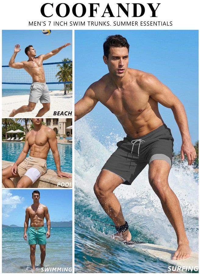 COOFANDY Men's 7" Swim Trunks with Compression Liner Stretch Swimming Shorts with Zipper Pockets 2026 Light Mint Green - Image 2