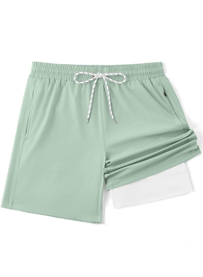 COOFANDY Men's 7" Swim Trunks with Compression Liner Stretch Swimming Shorts with Zipper Pockets 2026 Light Mint Green - Image 4