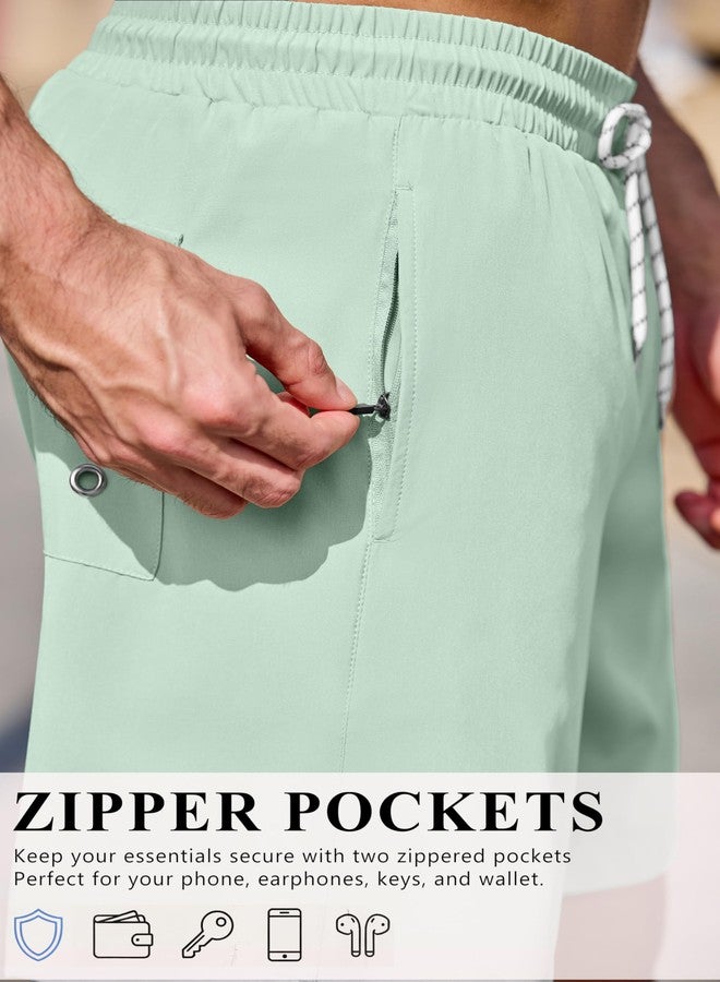 COOFANDY Men's 7" Swim Trunks with Compression Liner Stretch Swimming Shorts with Zipper Pockets 2026 Light Mint Green - Image 5