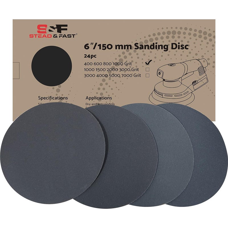 S&F STEAD & FAST 6 Inch Sanding Discs Hook and Loop 24 pcs, 400 600 800 1000 Grit Sandpaper Wet Dry, Silicon Carbide Sand Paper Assortment, High Grit Sanding Pads, for Automotive Wood Metal by S&F STEAD & FAST - Image 1