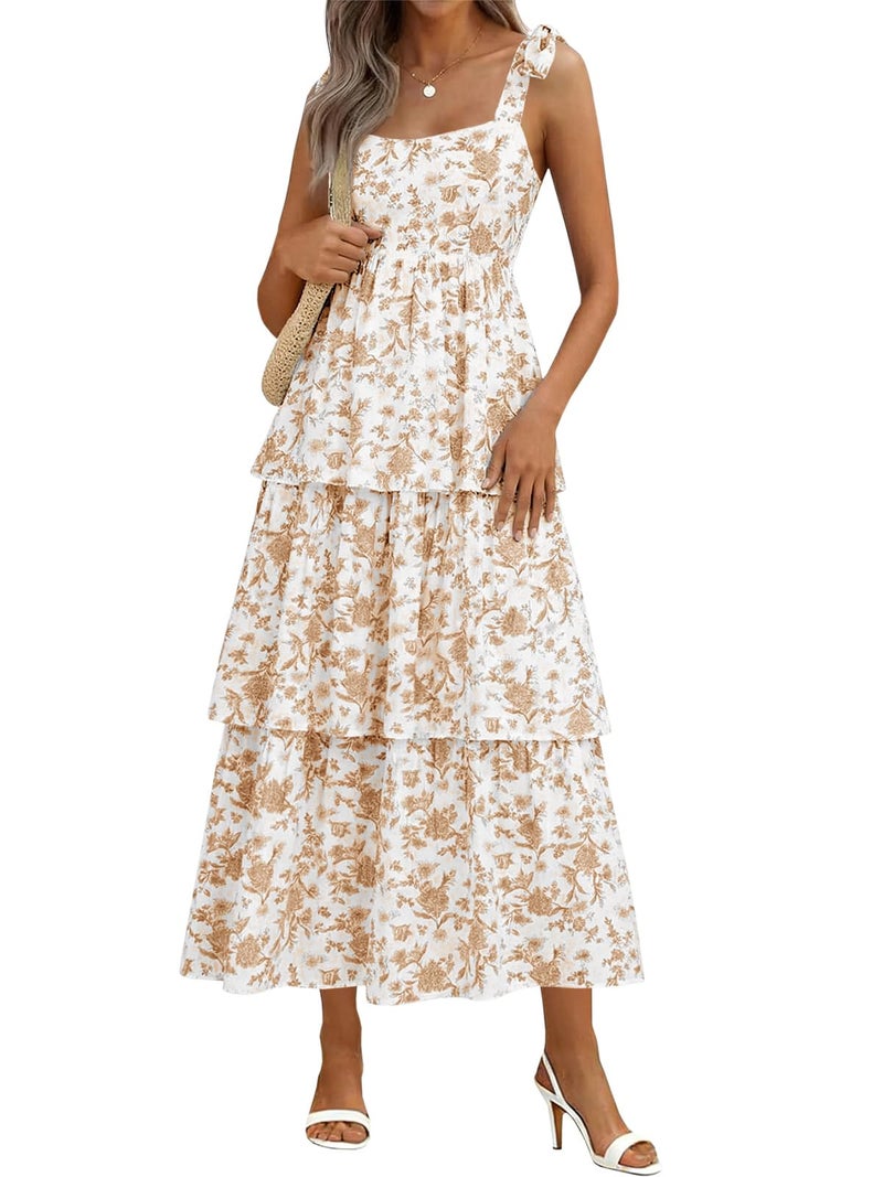Wenrine Womens Summer Floral Maxi Dress Casual Tie Strap Sleeveless Ruffle Tiered Smocked Loose Boho Beach Dresses Yellow - Image 1