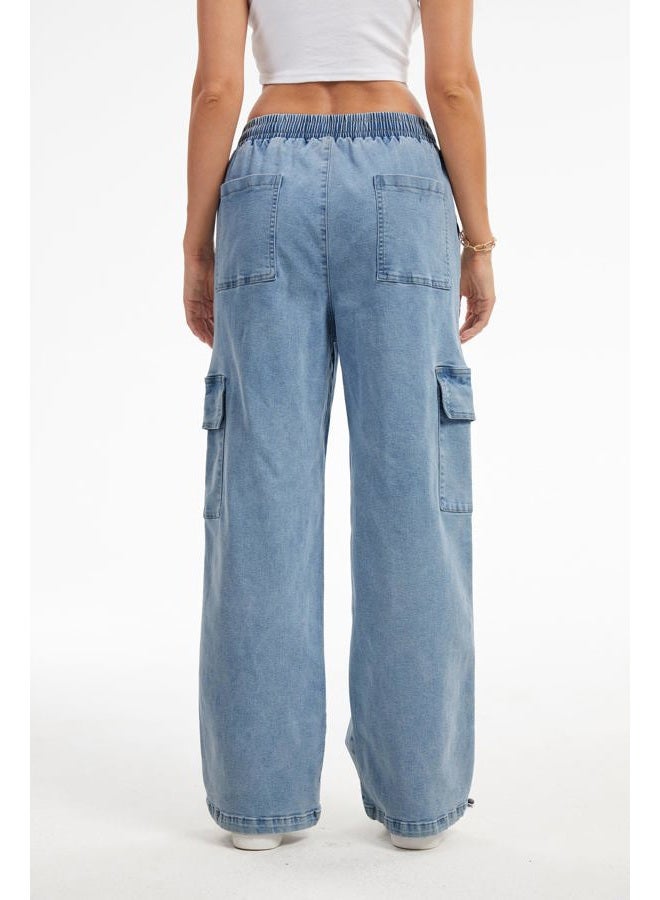 SESERAGI Straight Wide Leg Cargo Jeans Baggy Stretchy Elastic Waist Drawstring Casual Trousers Denim Pants Streetwear, Blue, XXL - Image 5