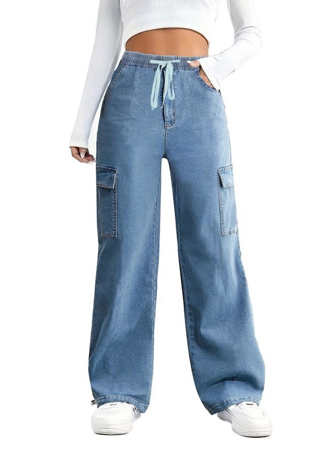 SESERAGI Straight Wide Leg Cargo Jeans Baggy Stretchy Elastic Waist Drawstring Casual Trousers Denim Pants Streetwear, Blue, XXL - Image 1