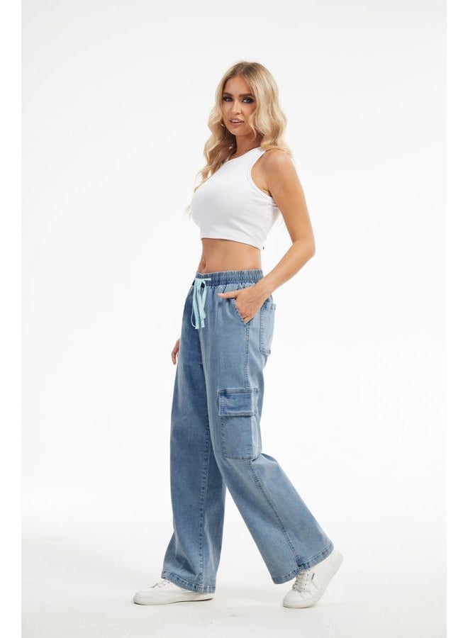 SESERAGI Straight Wide Leg Cargo Jeans Baggy Stretchy Elastic Waist Drawstring Casual Trousers Denim Pants Streetwear, Blue, XXL - Image 3