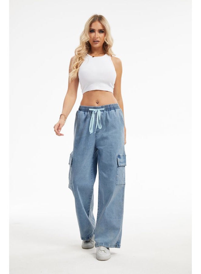 SESERAGI Straight Wide Leg Cargo Jeans Baggy Stretchy Elastic Waist Drawstring Casual Trousers Denim Pants Streetwear, Blue, XXL - Image 2
