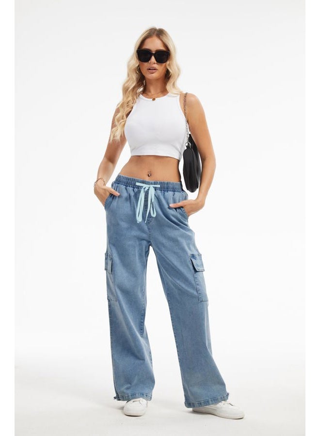 SESERAGI Straight Wide Leg Cargo Jeans Baggy Stretchy Elastic Waist Drawstring Casual Trousers Denim Pants Streetwear, Blue, XXL - Image 4