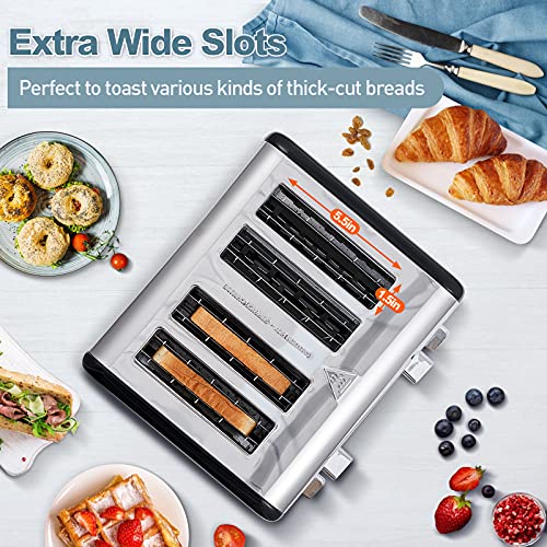 CUSIMAX محماص CUSIMAX 4 شريحة، من الفولاذ المقاوم للصدأ، شاشة LED فائقة الوضوح وفتحات عريضة إضافية، مع لوحات تحكم مزدوجة بـ 6 إعدادات للون، وظيفة إلغاء/بايجل/إذابة، صواني فتات قابلة للإزالة، باللون الأسود - Image 3