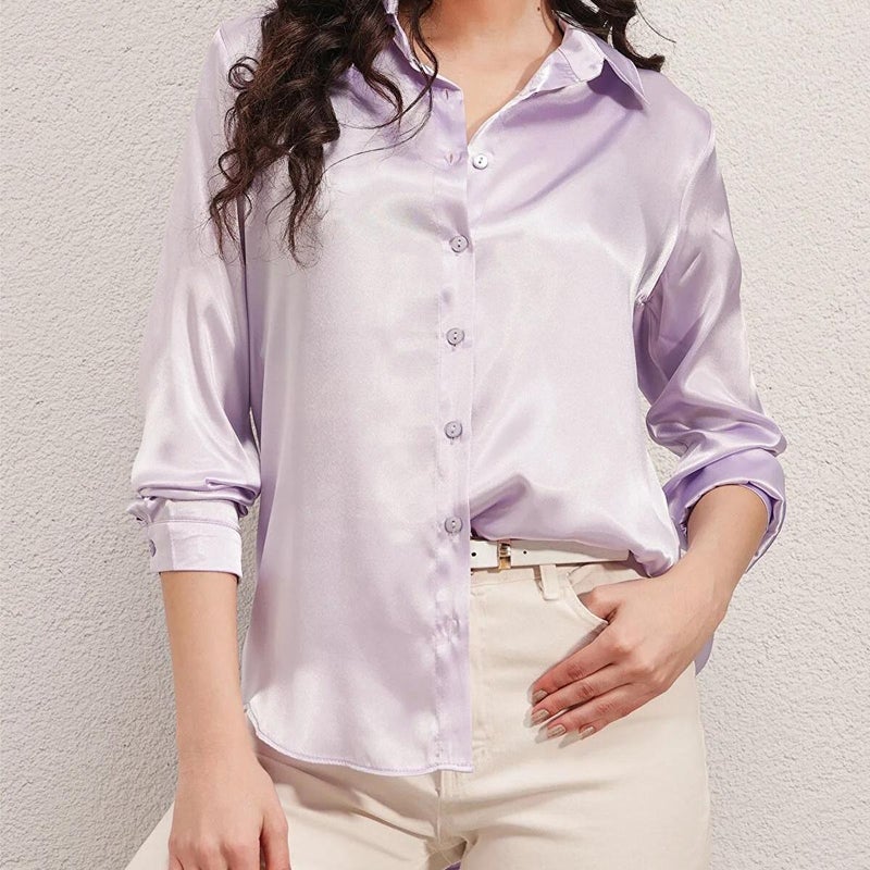 French Style Satin Silk Womens Blouse Spring Summer Pink - Image 2